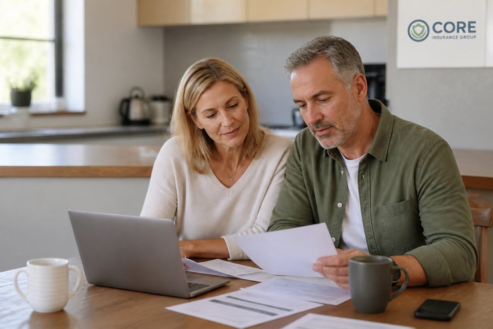 Middle-aged couple sitting at a kitchen table with documents and a laptop, discussing life insurance options over coffee in warm natural lighting