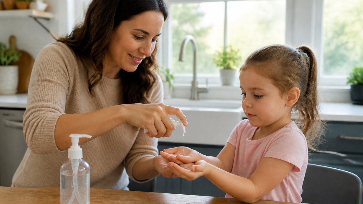 Parent applying hand sanitizer to a young child's hands in a bright, clean home kitchen, showing gentle, careful application technique with natural sunlight streaming through windows