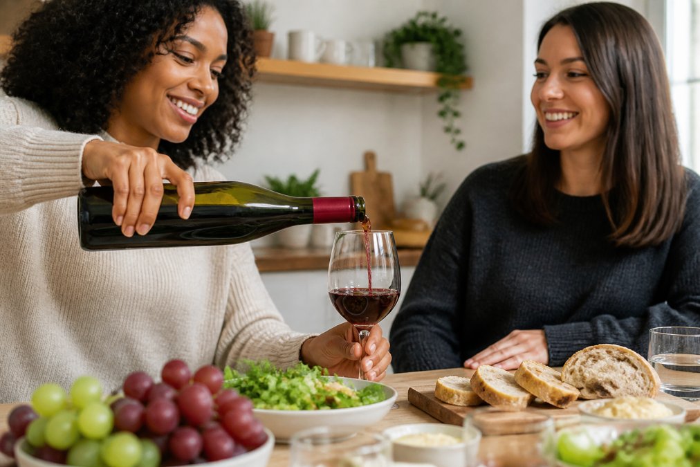 A glass of non-alcoholic red wine being poured at a dining table, with a bottle of alcohol-free wine and fresh grapes nearby in a bright home setting