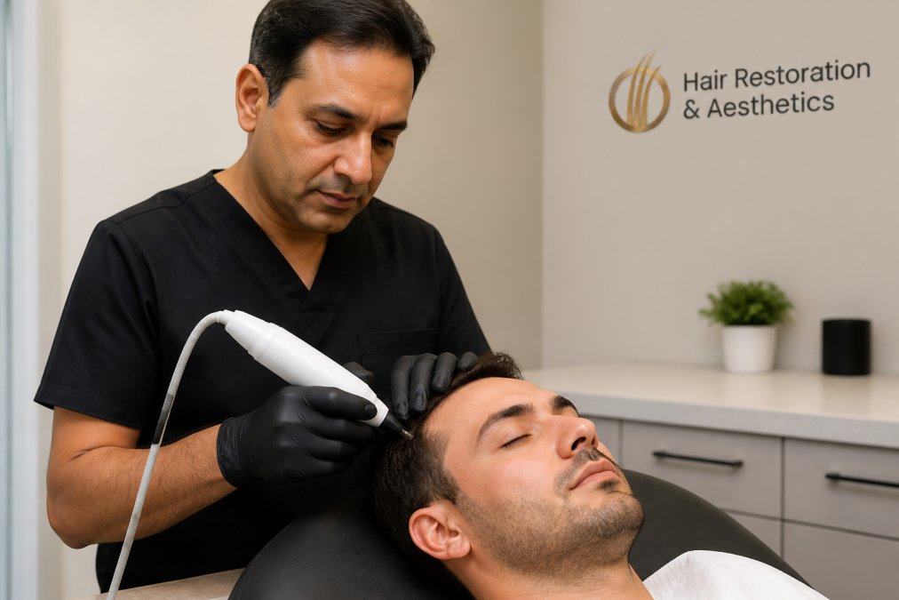 A licensed clinician in a modern treatment room using a handheld acoustic wave device on a reclining patient's scalp, soft overhead lighting, patient relaxed with eyes closed