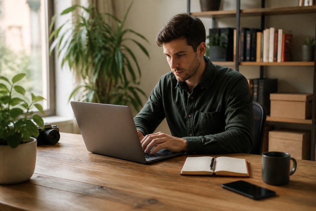 A person working on a laptop at a tidy desk, reflecting on if Notion is good for personal knowledge management