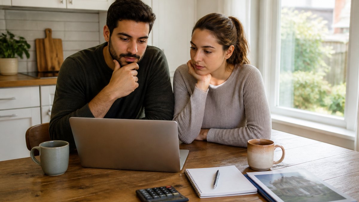 A young couple reviewing real estate listings on a laptop at a kitchen table, with a calculator, notepad, and coffee mugs nearby, looking thoughtful and engaged