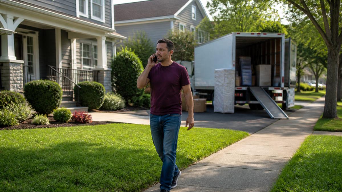 A tree-lined residential street in Nutley, New Jersey with single-family homes, manicured lawns, and a moving truck parked in a driveway