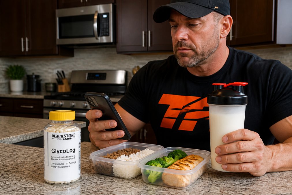 Close-up of someone tracking macros on a smartphone fitness app while holding a protein shake and organized meal prep containers on a kitchen counter