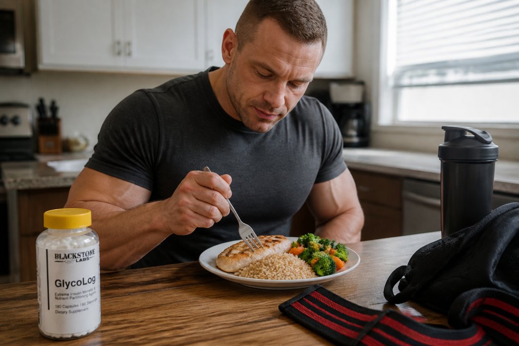 Athlete eating a balanced meal with grilled chicken breast, brown rice, and vegetables at a kitchen table, with a water bottle and training gear visible nearby, natural afternoon lighting