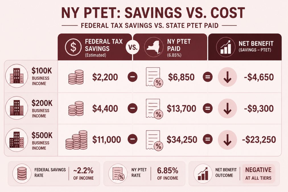 Side-by-side comparison chart showing federal tax savings vs state PTET paid for business income levels of $100K, $200K, and $500K, illustrating net benefit at each tier