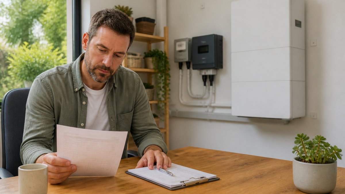 A homeowner in a home office reviewing an electricity bill and a clipboard of daily usage figures next to a wall-mounted home battery, natural daylight