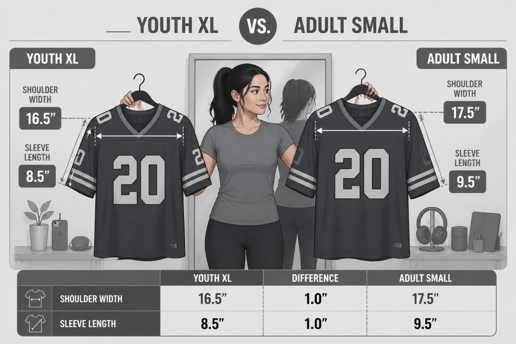 A petite adult woman holding a youth XL NFL jersey and an adult small NFL jersey side by side on hangers, comparing the shoulder width and sleeve length in a well-lit room with a mirror in the background