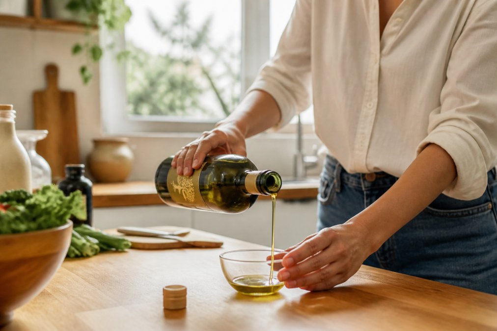 Handen gieten premium olijfolie uit een fles in een klein glazen kommetje of maatlepel in een heldere keuken met natuurlijke verlichting