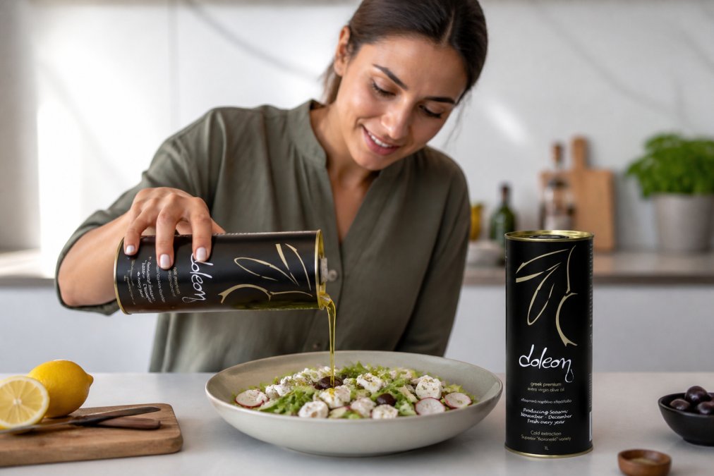 Close-up van een fles premium extra vierge olijfolie met originele verpakking, geplaatst op een schoon wit oppervlak met natuurlijk licht