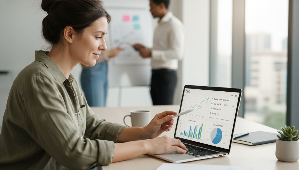 A marketing professional reviewing website analytics on a large monitor at a clean modern desk, leaning forward with focused attention, warm office lighting in the background