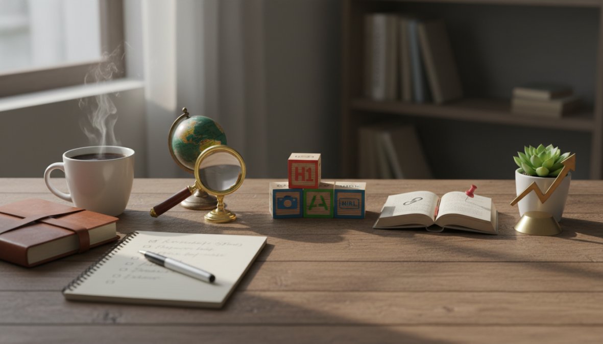 Close-up of hands writing a detailed checklist in a spiral notebook beside an open laptop showing a website editor, a ceramic coffee mug nearby on a wooden desk, natural daylight from a window