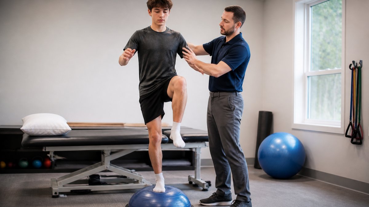 Physical therapist guiding a young athlete in a one-on-one sports physical therapy balance exercise.