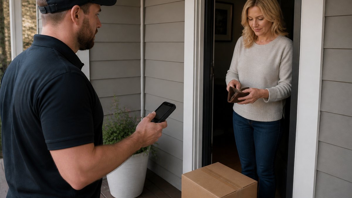 A delivery driver holding a smartphone ID scanner while a customer retrieves their wallet at a front door, with a plain brown box on the porch