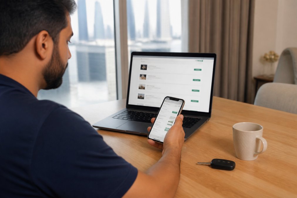 A car owner in Dubai sitting at a desk with a laptop and smartphone, comparing garage quotes on screen, with a car key and coffee cup nearby in a bright modern apartment