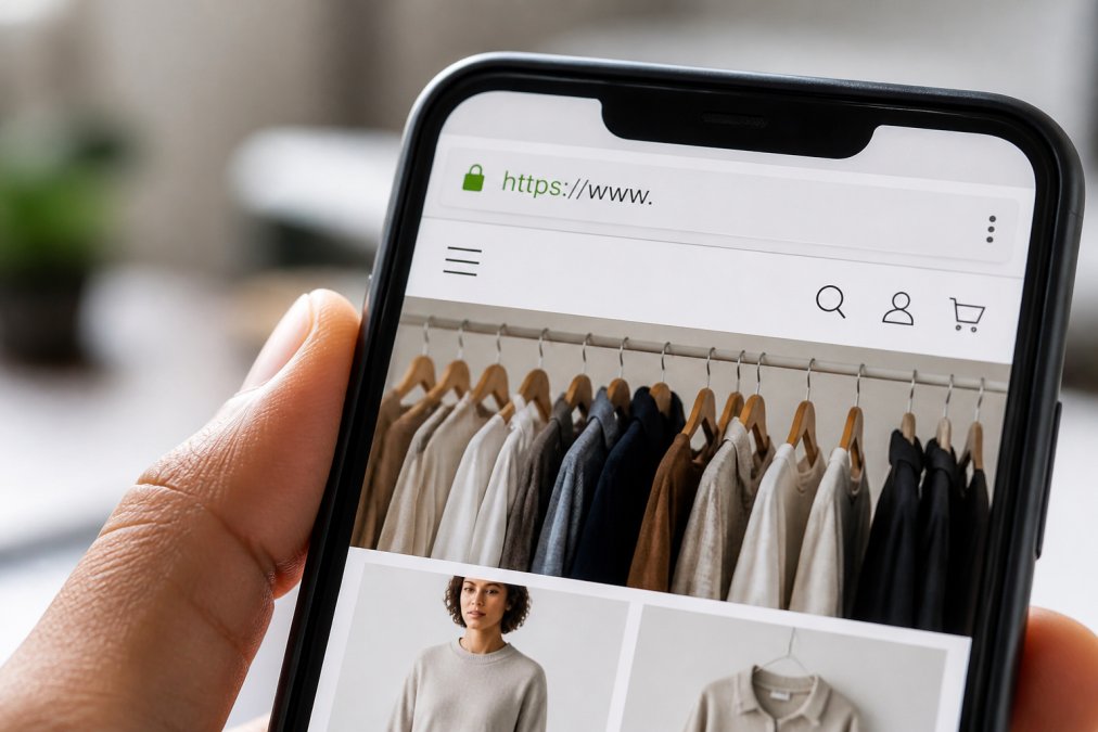 Close-up of a smartphone screen displaying an online clothing store with HTTPS padlock icon visible in the address bar, showing a legitimate secure connection