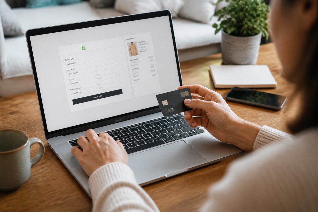 Person entering payment information on a laptop with a secure checkout page displayed, showing confident and protected transaction experience with visible security indicators