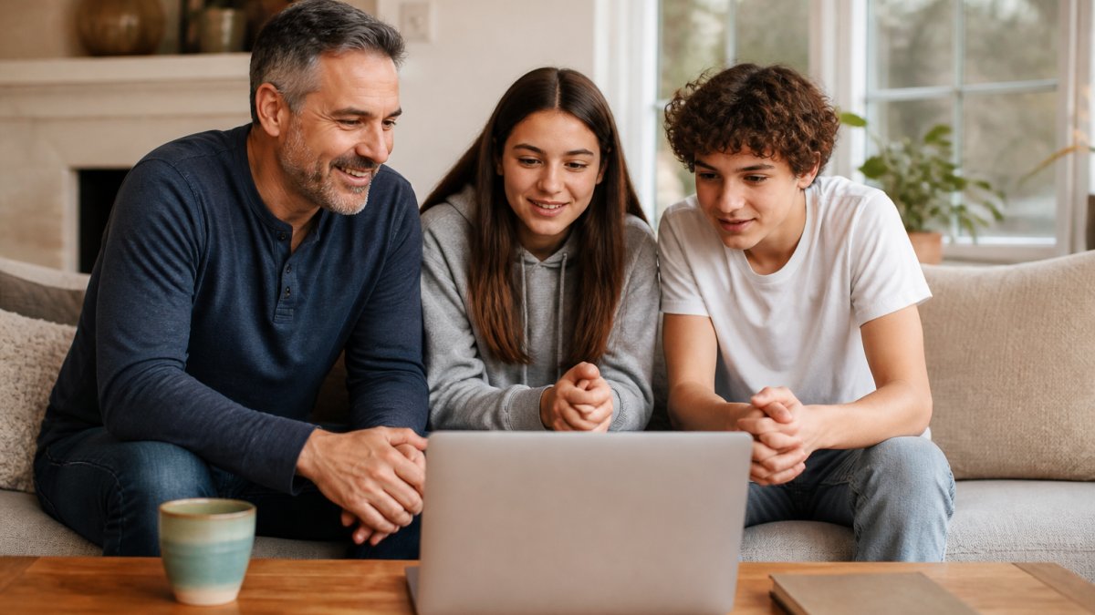 A family of three participating in a supportive online family therapy session for trauma from home