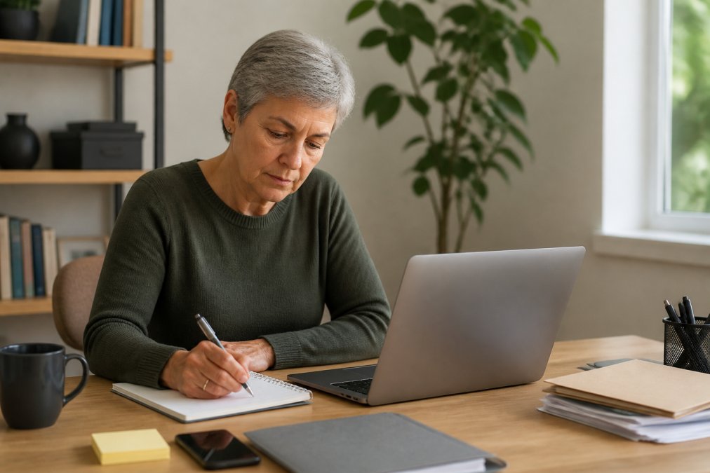 An older adult sitting at a desk with a laptop and notebook, carefully documenting account information with a thoughtful, focused expression in natural office lighting