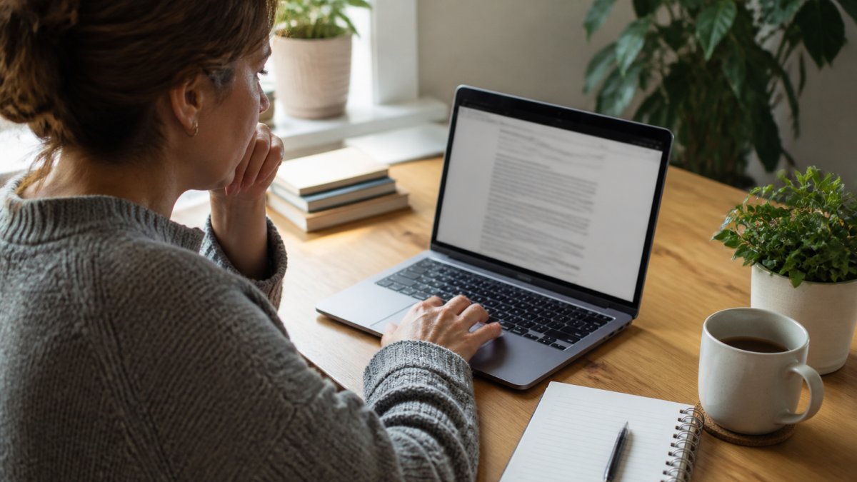 A person sitting at a home desk with a laptop, reviewing a telehealth provider's privacy policy page, with a notepad and coffee nearby, in a calm home office setting