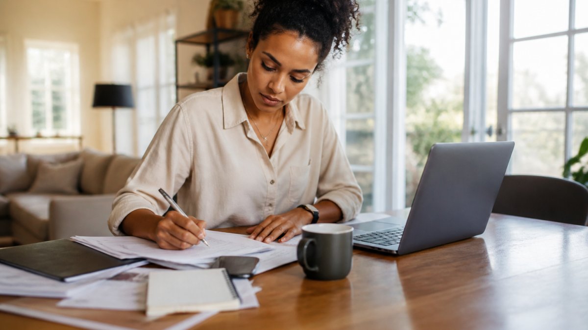 First-time homebuyer reviewing financial documents while filling out an online mortgage application on a laptop.