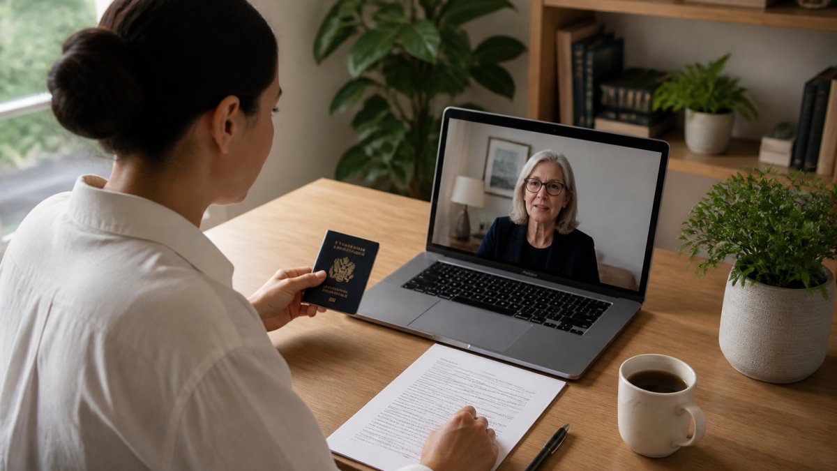 A person sitting at a home desk with a laptop open on a video call, holding a passport next to a printed document, with a pen and coffee cup nearby in a bright room