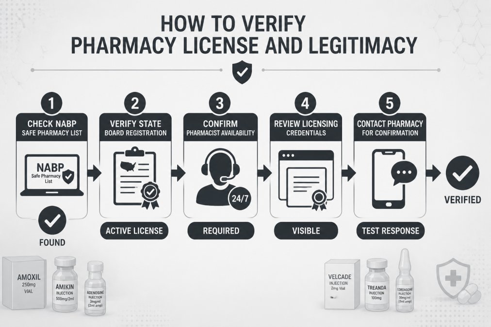 Flowchart showing 5-step verification process: Step 1 Check NABP Safe Pharmacy List (green checkmark if found) → Step 2 Verify State Board Registration (confirm active license) → Step 3 Confirm Pharmacist Availability (24/7 access required) → Step 4 Review Licensing Credentials (visible on website) → Step 5 Contact Pharmacy for Confirmation (test their response)