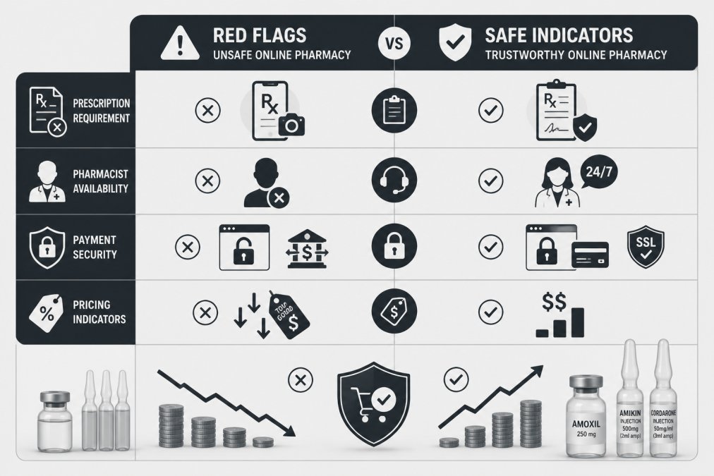 Comparison matrix showing red flags vs. safe indicators across four dimensions: Prescription Requirement (red flag: no requirement or accepts photos, safe: requires valid prescription from licensed practitioner), Pharmacist Availability (red flag: none listed or unavailable, safe: 24/7 licensed pharmacist access), Payment Security (red flag: unencrypted payment or wire-transfer only, safe: secure payment gateway with encryption), Licensing Information (red flag: not verifiable or hidden, safe: NABP certified and state board licensed)
