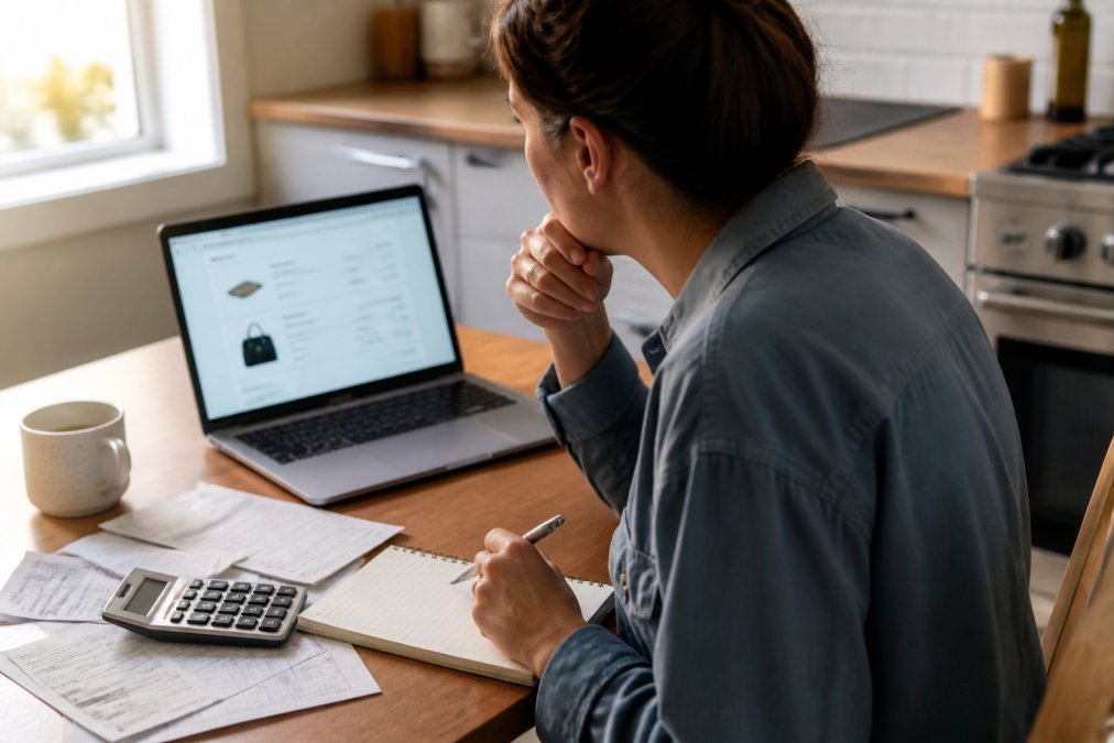 A person sitting at a kitchen table reviewing a laptop screen showing an online shopping cart, with a notepad and pen nearby as if calculating total costs including shipping, warm natural light from a nearby window