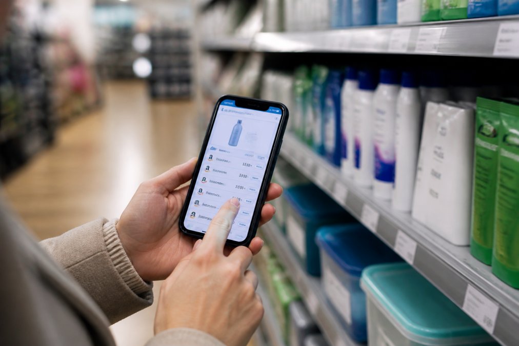 Close-up of hands holding a smartphone displaying a price comparison app while standing in a retail store aisle, shelves of household products visible in the soft-focus background, bright retail lighting