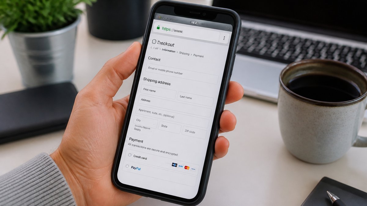 Close-up of a hand holding a smartphone displaying a checkout page with a padlock icon and HTTPS in the address bar, showing a secure website connection