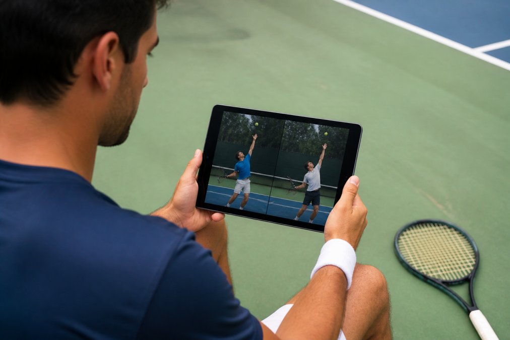 Tennis player seated on court viewing frame-by-frame video analysis of their serve on a tablet, with split-screen showing proper form reference