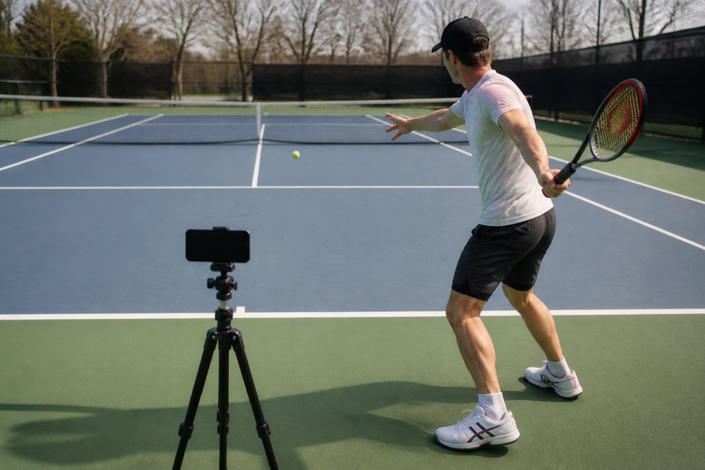 Adult tennis player setting up smartphone on tripod at baseline to film their forehand stroke, with clear court positioning and proper camera angle visible