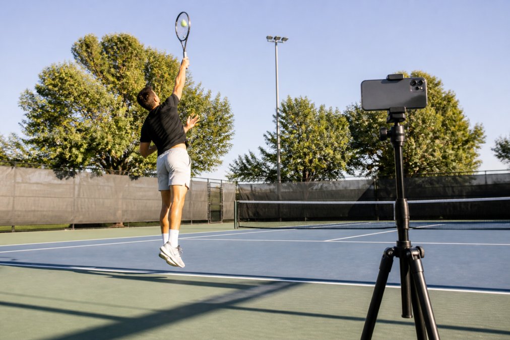 A tennis player mid-serve on an outdoor hard court, with a smartphone mounted on a tripod at the baseline capturing the motion from a side angle, bright afternoon sunlight casting sharp shadows on the hard court surface