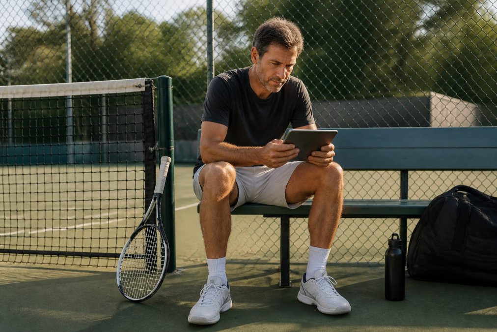 An adult tennis player in their mid-40s sitting courtside on a bench, reviewing slow-motion video footage on a tablet, racket resting against the net post beside them, afternoon light filtering through a chain-link fence onto the court surface