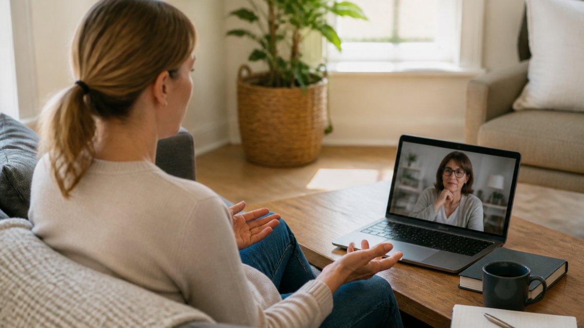 Person sitting at home during a video therapy session on their laptop, appearing engaged and comfortable in a calm, well-lit room with natural light from a window