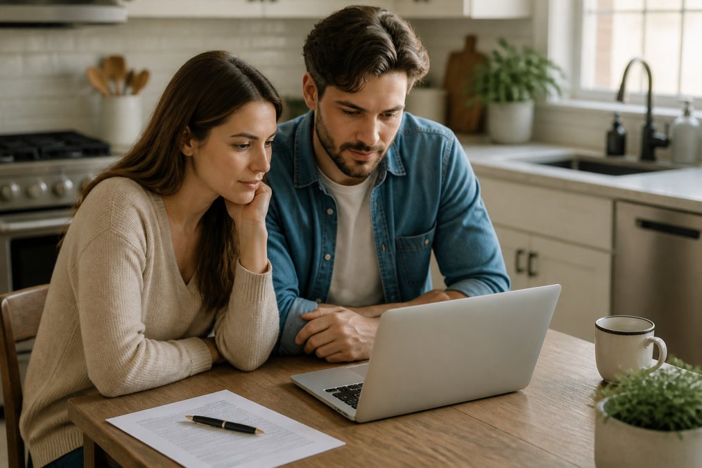 A couple reviewing a vendor contract on a laptop at a kitchen table, with a printed document and pen nearby, soft natural light