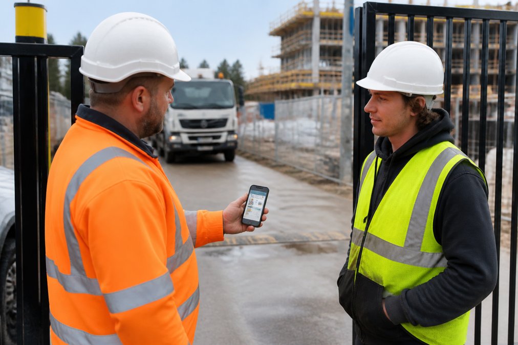 Supervisor verifying a worker's online white card using a smartphone at a construction site entrance