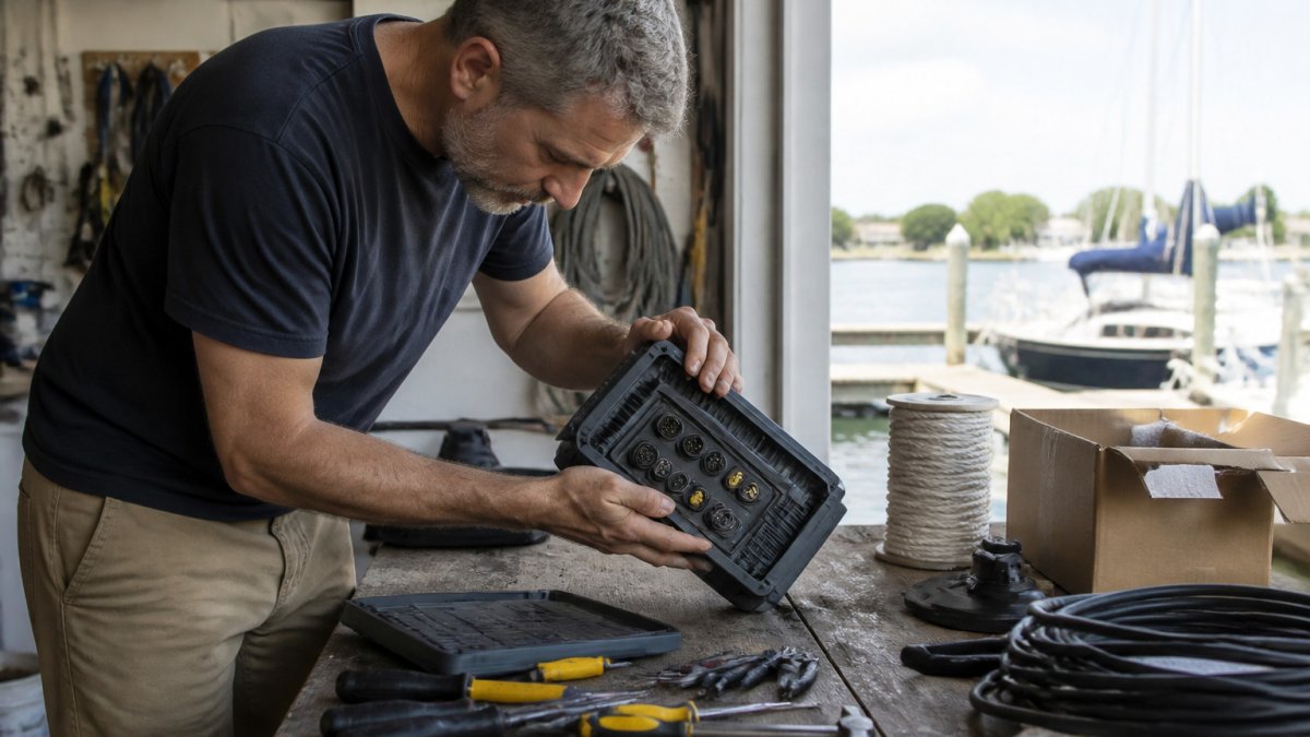 Boat owner inspecting the wiring and casing of a used marine chartplotter on a workshop workbench