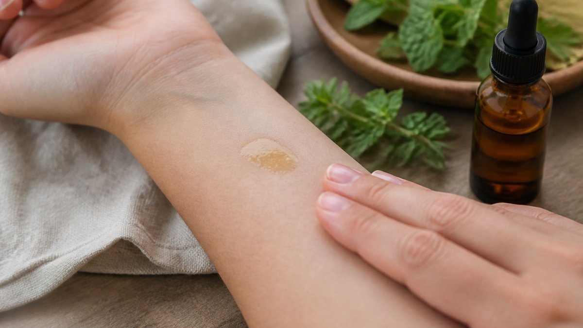 Diagram illustrating the step-by-step process for performing a skin patch test with diluted essential oil.