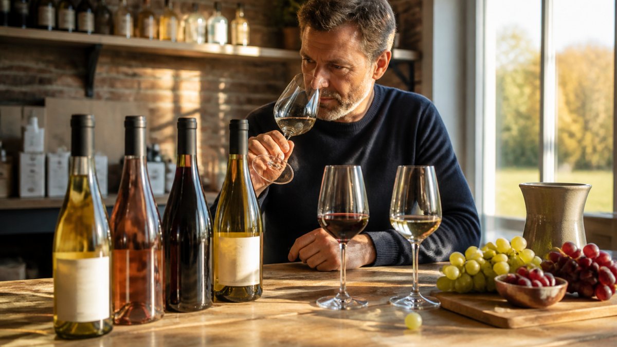 Infographic comparing price points for premium alcohol-free wines displayed with grapes and glasses