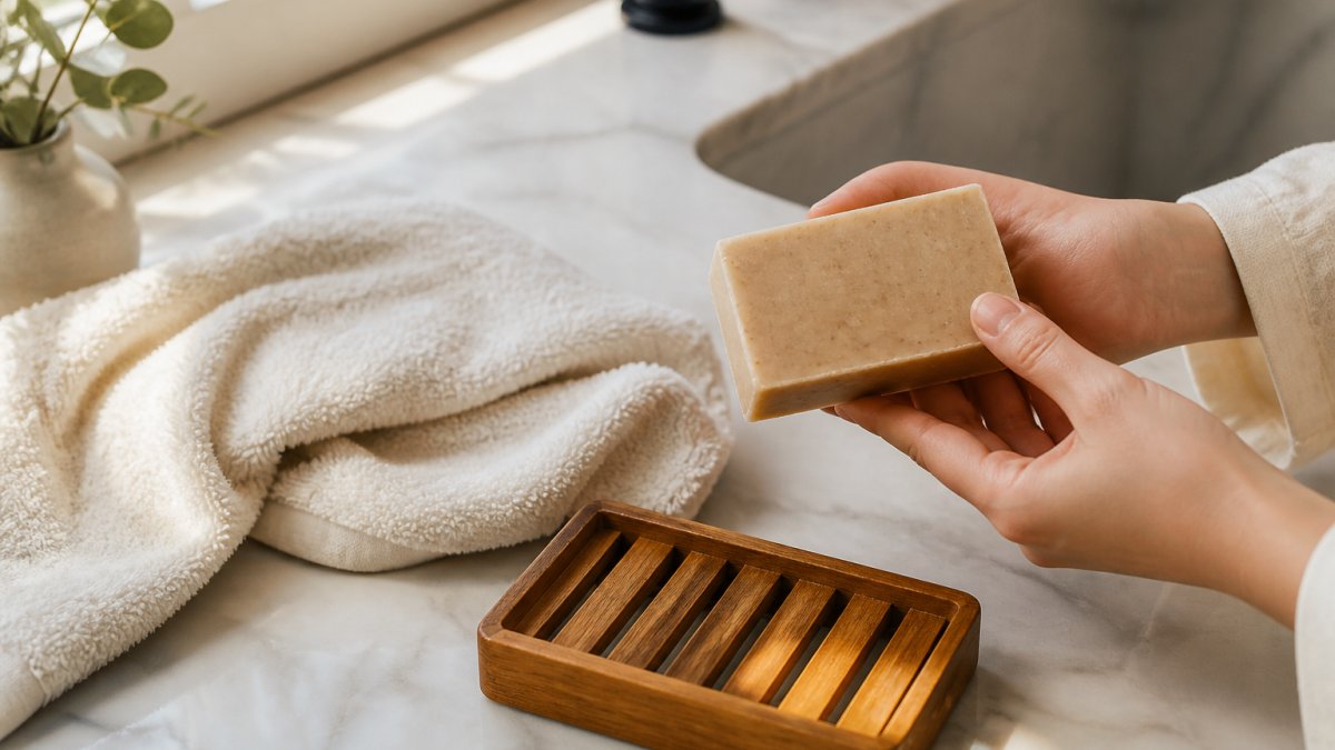 Hands holding a rustic unscented soap bar beside a cotton towel and wooden soap dish on a marble counter