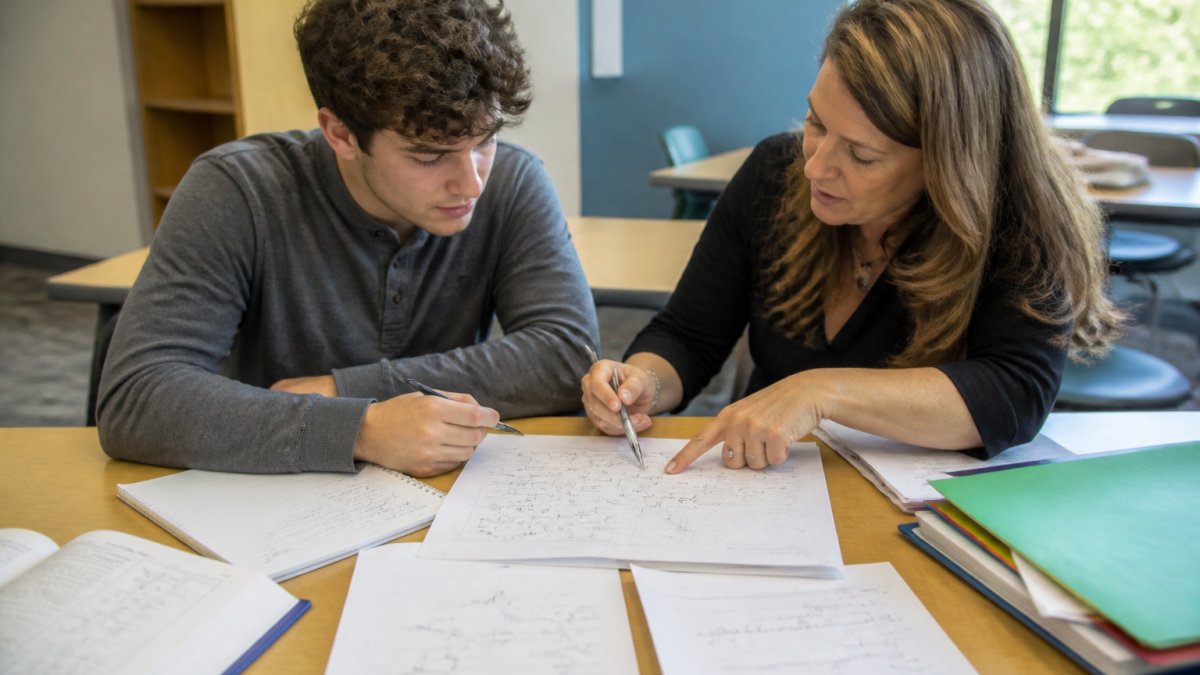 College student and tutor reviewing organic chemistry reaction mechanisms on paper with molecular structures and skeletal formulas visible at a desk in a bright study space
