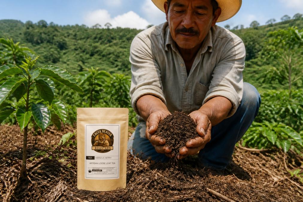 Farmer's hands holding rich, dark organic soil crumbling naturally, with visible organic matter and mulch on the ground, coffee plants with green foliage visible in the background on a hillside farm