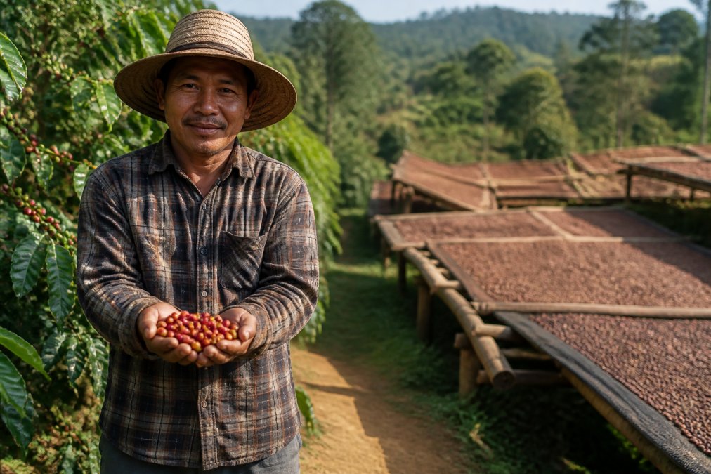 Coffee farmer holding freshly picked cherries near drying beds to support organic coffee certification efforts