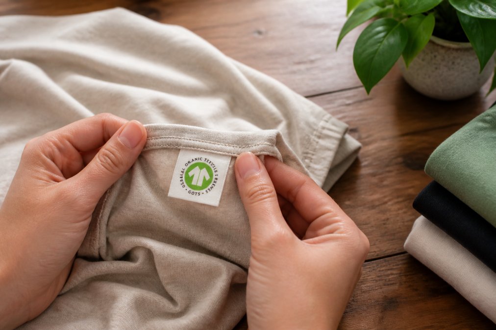 Close-up of hands holding a soft organic cotton t-shirt with a visible GOTS certification tag, natural light on a wooden table