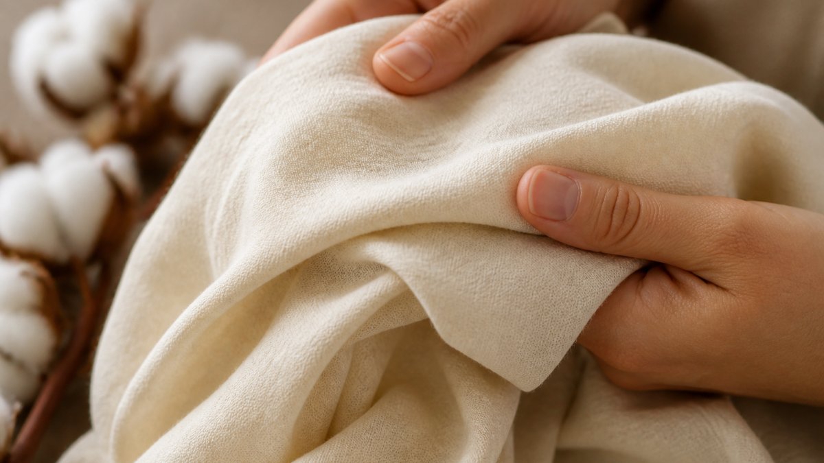 Close-up of hands gently holding soft organic cotton fabric, showing natural texture and weave quality with warm natural lighting against a neutral background