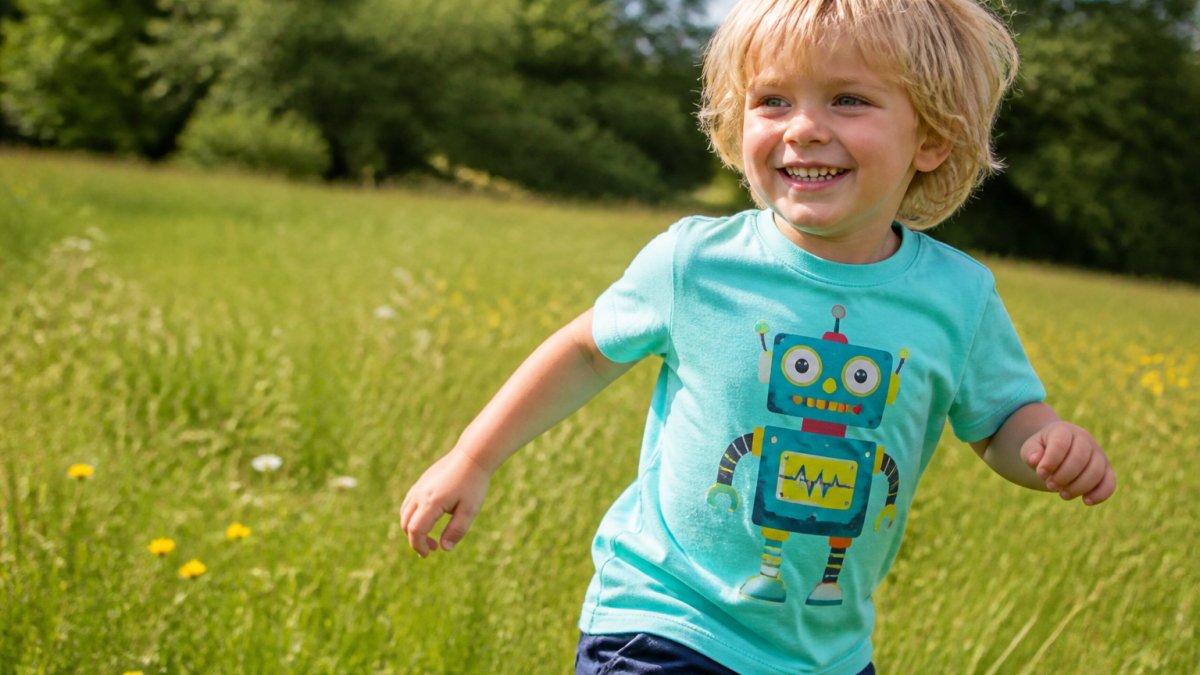 Young child wearing a bright, colorful organic cotton graphic t-shirt with a cheerful robot design, playing outdoors in natural sunlight with a genuine smile, showing comfort and movement
