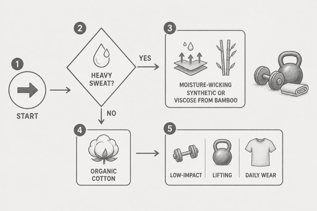 Pencil sketch decision flowchart: Start → "Do you sweat heavily?" → Yes → "Choose moisture-wicking synthetic or viscose from bamboo" ; No → "Choose organic cotton" → "Low-impact exercise, lifting, daily wear"