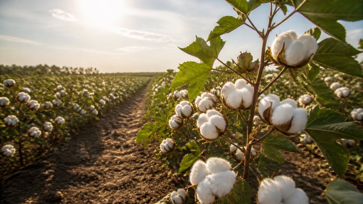 Organic cotton plants growing in a healthy field with rich dark soil, natural sunlight illuminating the white bolls, rows of green plants without visible chemical application equipment